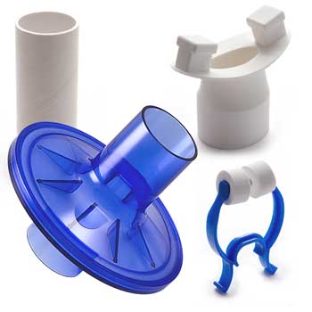 VBMax 30毫米PFT套件，标准过滤器，蓝色泡沫鼻夹，MIR橡胶嘴，Vitalograph, Breon, Astra，创造性生物技术，Spirometrics, Micro Direct